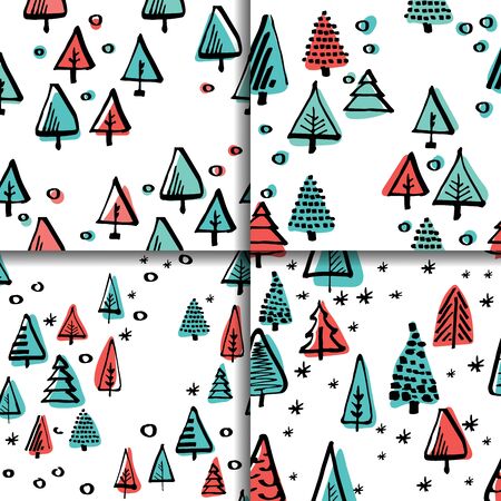 Hand-drawn pattern, Scandinavian pattern done in black ink minimalist ornament circles, trees, starsのイラスト素材