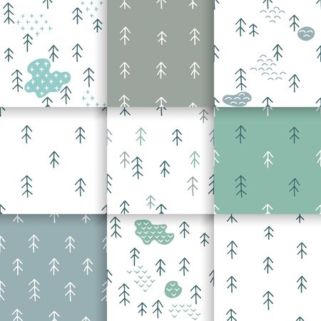 Scandinavian pattern with fir trees. Seamless winter patterns, hand drawn in black ink. Perfect for gift wrapping or printing on fabric. Seamless minimal christmas pattern.のイラスト素材