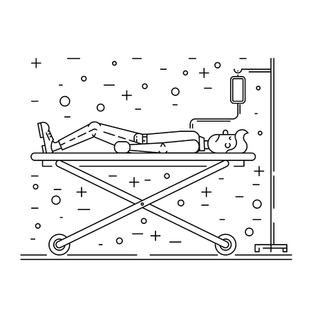 The patient lies in a hospital bed and the gurney he was put on a drip. assistance, treatment of the sick person.のイラスト素材