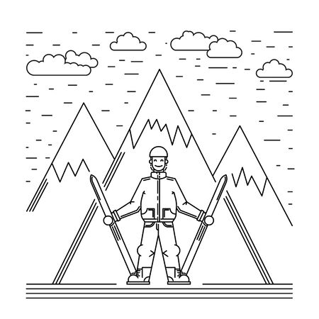 Cartoon mountain skier men standing with ski in hand, drawn in the outline styleのイラスト素材