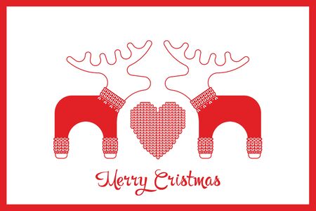Vector xmas cute greeting card with adorable reindeer and elk in knitted sweaters. Xmas card with a wish a Merry Christmas.のイラスト素材