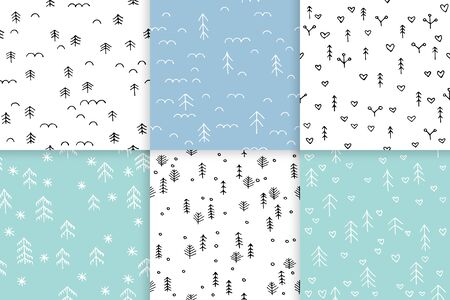 Set scandinavian seamless pattern of Christmas tree vector hand-drawing graphics.のイラスト素材