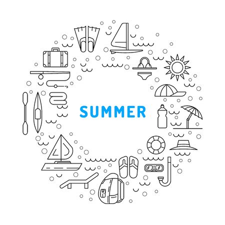 Icons set for summer holiday and travel. Elements on the theme of summer, travel, trekking, vacation, weekend beach vacation.の写真素材