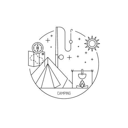 Vector linear icons on the topic of camping and Hiking in the wild, forest, lake, mountains, painted in a linear style.のイラスト素材