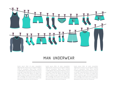 Men underwear is painted in flat style. Banner design depicting various types of underwear socks, underwear, t-shirts, underwear. Flat clothing icons isolated on white background.のイラスト素材