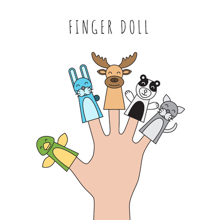 Figures of animals, heroes of the puppet theatre which put in the fingers of the hand. Vector illustration of characters to play with the children in role-playing games.のイラスト素材
