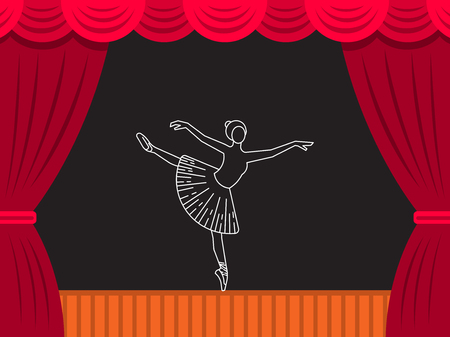 Vector theater scene which depicts the figure of a girl ballerina in a tutu in a dance position. Ballet vector illustration in flat styleのイラスト素材
