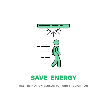 Save energy banner. Walking man symbol with motion sensor waves signal.のイラスト素材