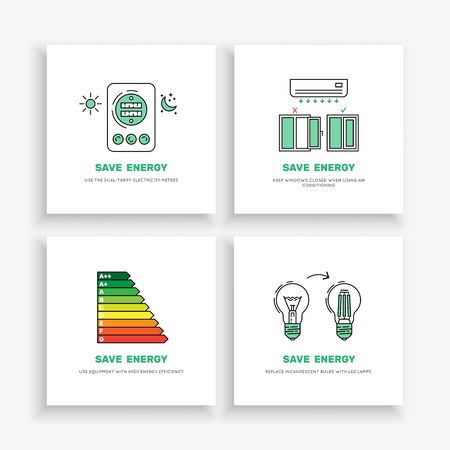 Vector posters save energy during everyday use of the home. Set of banners concept-saving energy consumption.のイラスト素材