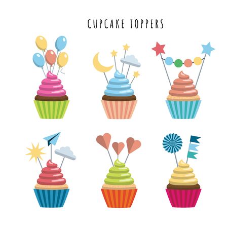 Vector set of cupcakes in flat style embellished with toppers color illustrations. Sweet treats for children.のイラスト素材