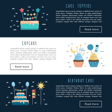 Vector banners with space for text, templates app, illustration on the theme of holiday and birthday. Vector cakes and cupcakes with toppersのイラスト素材
