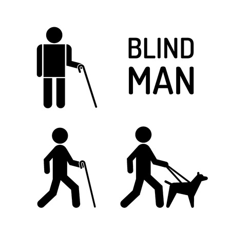 Set of icons stick figure with blind people, the silhouette of a human figure with a white cane and a seeing eye dog. person visually impaired the blindのイラスト素材