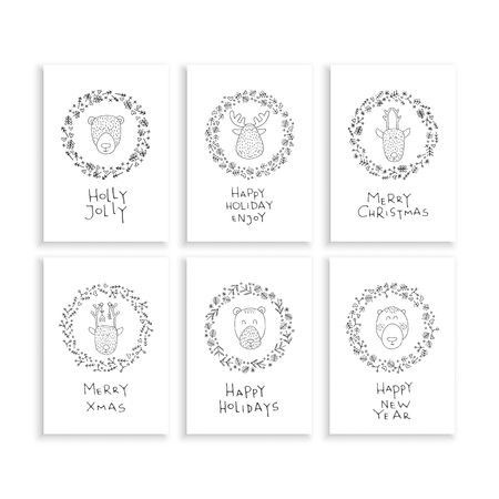 A set of Christmas cards. Vector Christmas wreath with cartoon animals isolated on white backgroundのイラスト素材