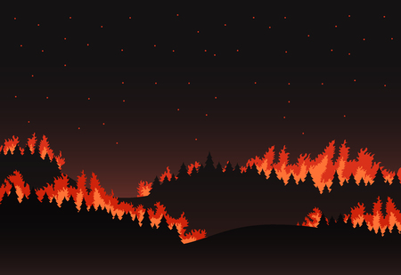 Forest fire panorama of the natural landscape, painted in a flat style. Hills and forests on fire night silhouette. Dangerous forest firesのイラスト素材