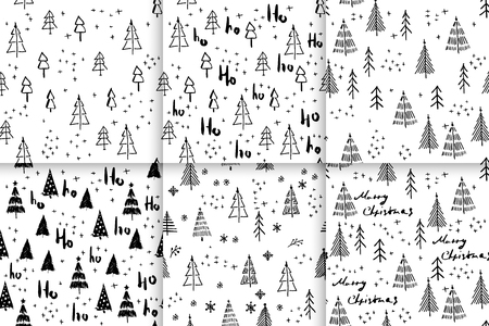 Set Hohoho and christmas tree pattern, Santa Claus laugh. Seamless texture for Christmas design wrapping. Vector blue background with handwritten words ho and christmas treeのイラスト素材