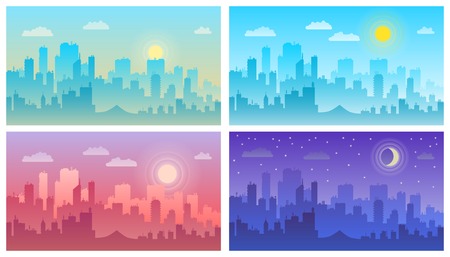 Daytime cityscape. Morning, day and night city skyline landscape, town buildingsのイラスト素材
