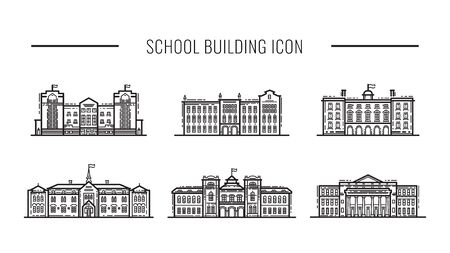 Building high school of the American or European, Asia line art vector iconsのイラスト素材