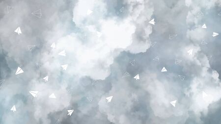 Fullscreen abstract illustration of sky with cloud and paper planes. Watercolor hand drawn paint illustration background. Abstract hand painted stain daub header cloud airpalne background.のイラスト素材