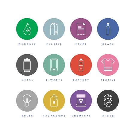 Vector waste recycling icons. Garbage sorting. Recyclable trash - organic, glass, paper, plastic, metal, textile, battery, bulbs, chemical, ect. Reduce reuse recycle. Zero waste.のイラスト素材