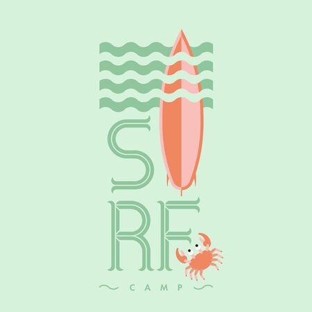 Vector Surfboard with ocean waves and cartoon crab on the beach. Surfing lettering. Surf shop logotype. Surf sports camp text. Vector ocean sports camp, trip banner, surf station, tshirts prints.のイラスト素材