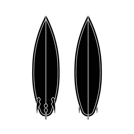 Surf board set. Black and white silhouette of surfboard. Surf board top and back view. Vector illustration isolated on white backgroundのイラスト素材