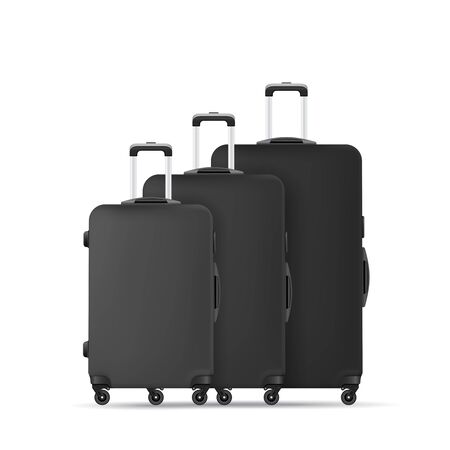 A set of Luggage Suitcases in three sizes, with rollers and a retractable handle for business trips and vacations realistic isolated on white background vector illustration. Travel concept. Luggage for transportation of things in travel.のイラスト素材