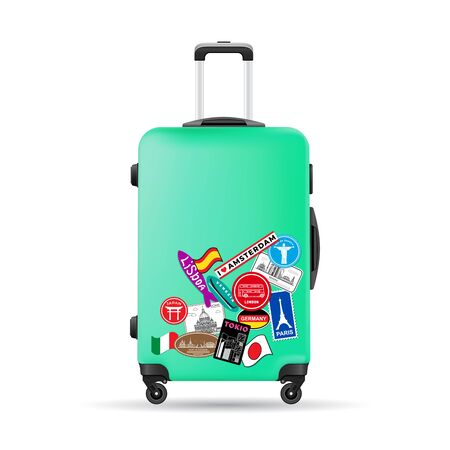 Green travel plastic suitcase with wheels realistic hand Luggageのイラスト素材