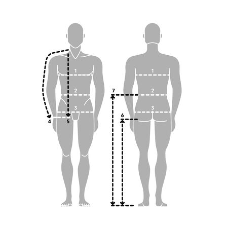 Man body measurement chart. Taking Measurement. Vector Human. Male figure front and back side. Man silhouette. Template for clothing design and sewing.のイラスト素材