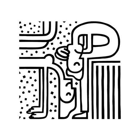 Husband cheating with mistress. Cartoon black and white vector.のイラスト素材