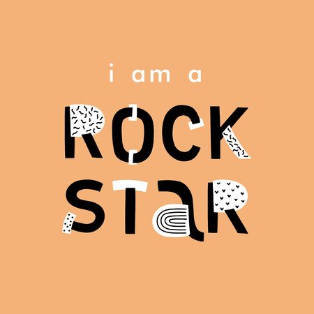 I AM A ROCK STAR. Typography motivational card. Vector poster with phrase for nursery, kids room, play room. Design lettering for t-shirt, sticker, print. Colorful letters isolated on orangeのイラスト素材