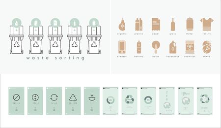 Waste segregation on garbage cans. Reduce reuse recycle rot refuse.のイラスト素材