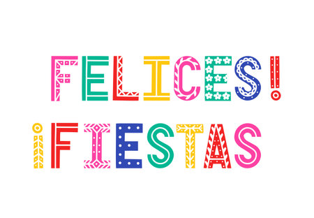 Fiesta colorful and bright banner. Festive vector illustration with hand drawn letters with decorations. Fiesta sign, emblem, logo for poster, banner, card design. Felices fiestasのイラスト素材
