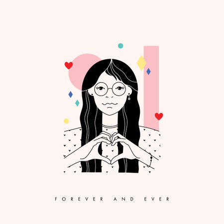 Love card with cute girl and hand heart shape. Trendy vector valentine illustration with romantic quote about love and abstract geometric background. Valentines Day greeting card design.のイラスト素材