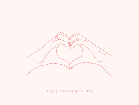 Love card with with hand heart shape. Cute cartoon love sign. Trendy line art vector illustration. Happy Valentines Day minimalistic design Valentine greeting cards, invitation, stickers.のイラスト素材