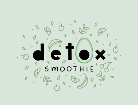 Vector detox smoothie poster in doodle flat style. Vector lettering detox smoothie with fruits and vegetables healthy food. Detox Vector Lettering with avocado icon. Detox diet concept.のイラスト素材