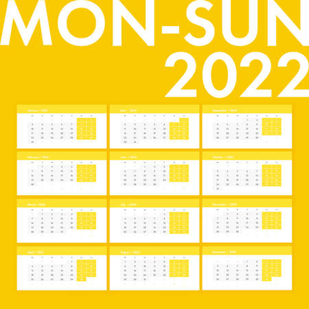 Calendar 2022 monday sunday vector clean simple style yellowのイラスト素材