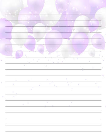 Printable journal page with purple and silver balloons, star-shaped confetti, 80% transparent, with lines to write on a white background.の写真素材