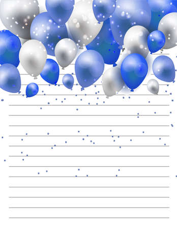Printable diary page with blue and silver balloons, confetti in the shape of stars, with lines to write on a white background.の写真素材