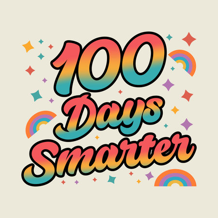 Retro 100 days smarter text with rainbows and stars. A vibrant, retro-style graphic celebrating 100 days of learning with colorful text and playful rainbow and star accents.のイラスト素材