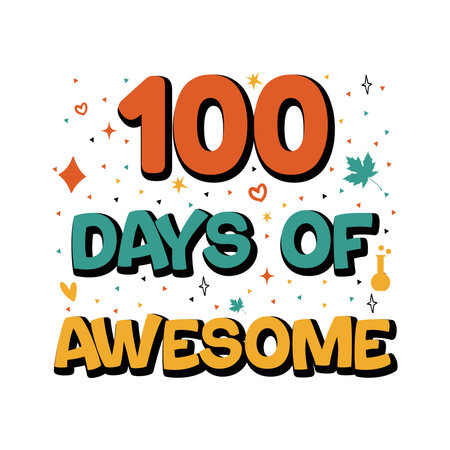 100 days of awesome celebration text art. A vibrant graphic design celebrating 100 days of awesome with colorful text and confetti.のイラスト素材