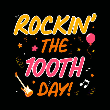 A vibrant, celebratory graphic for the 100th day of school, featuring bold text, musical notes, a guitar, and balloons on a dark background.のイラスト素材