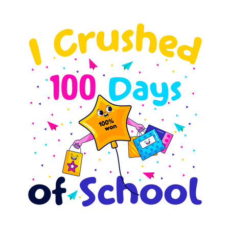 A cheerful cartoon star character, holding gift bags, joyfully celebrates completing 100 days of school amidst a shower of colorful confetti and festive text.のイラスト素材