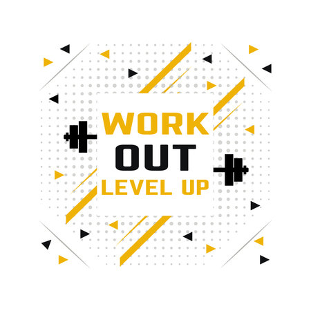 A vibrant graphic featuring the text 'WORK OUT LEVEL UP' with dumbbells and dynamic abstract shapes in yellow, black, and orange.のイラスト素材