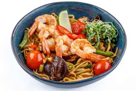 Udon with shrimp studio shooting on a white background 1