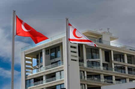 flags of Turkey and Northern Cyprus against the sky on a sunny winter day 1