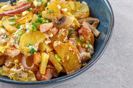 fried potatoes with mushrooms and ham on a stone background studio food photo 2