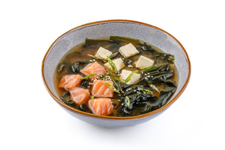 Miso soup with salmon on a white background studio shootingの写真素材