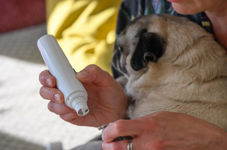 Woman trimming claws of cute dog with clipper at home