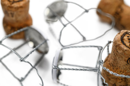 Bottle caps from sparkling wine and metal wire muselet. Summer party drink conceptの写真素材