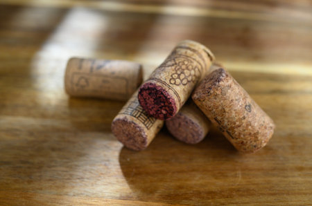 old wine corks on the tableの写真素材